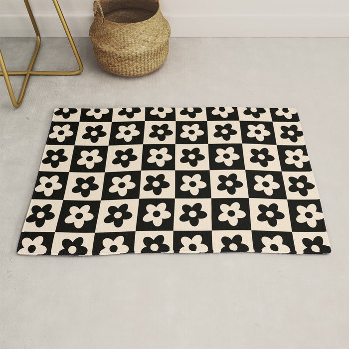 90s flowers checkers cream and black Rug Gallery Image 1