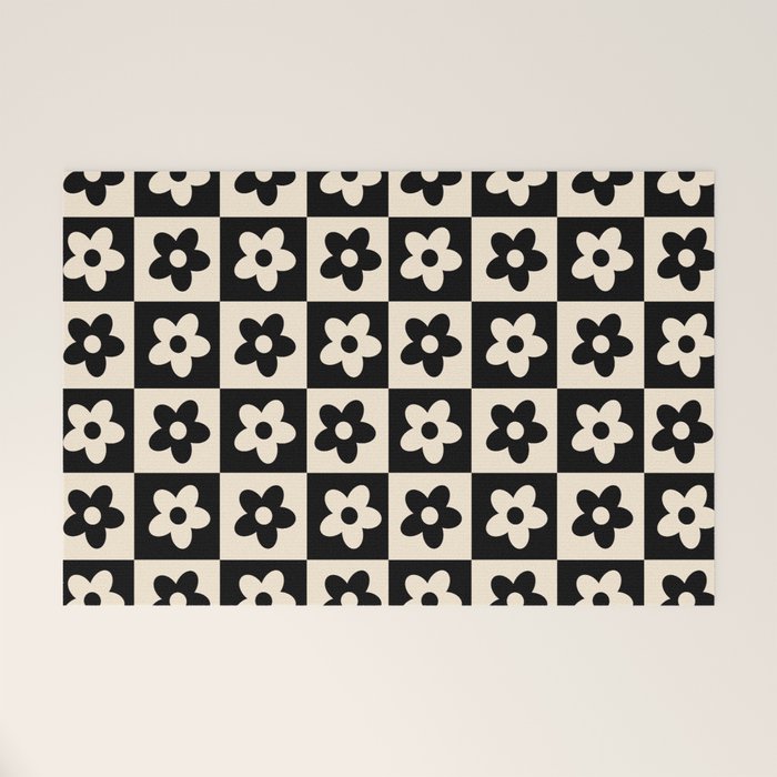 90s flowers checkers cream and black Welcome Mat Gallery Image 1
