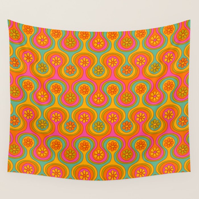 Groovy 60s Midcentury Modern Flower Pattern Wall Tapestry Gallery Image 4