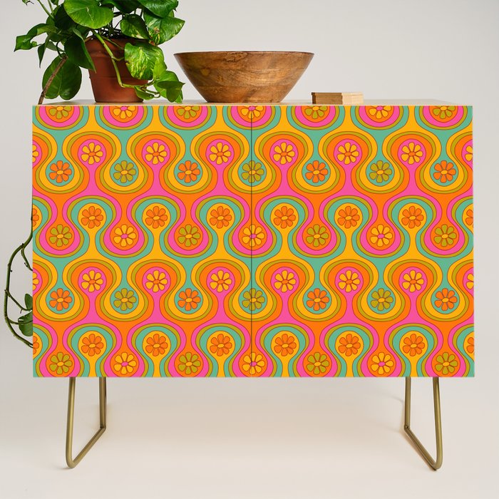 Groovy 60s Midcentury Modern Flower Pattern Credenza Gallery Image 1