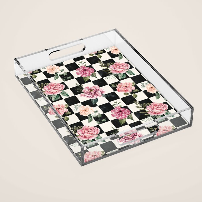 Moonlit Hollow Vintage Checkered Floral Acrylic Tray Gallery Image 1