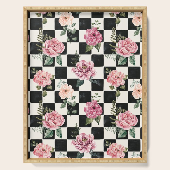 Moonlit Hollow Vintage Checkered Floral Serving Tray Gallery Image 1