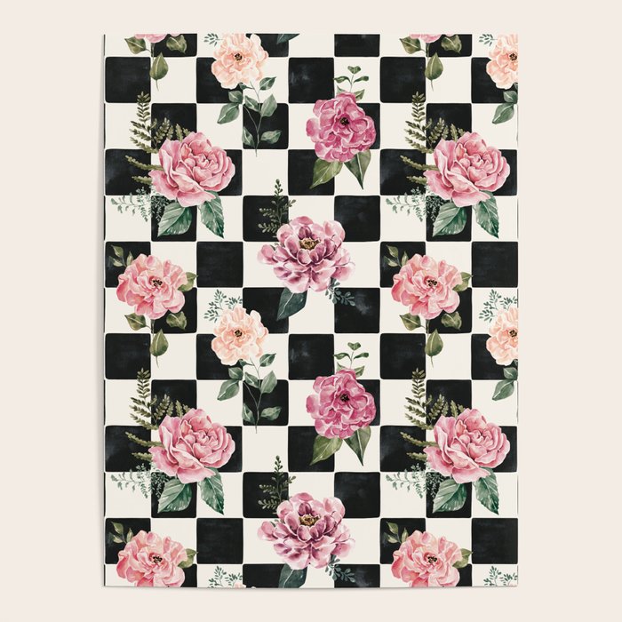 Moonlit Hollow Vintage Checkered Floral Poster Gallery Image 4