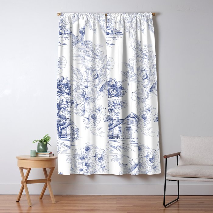 Toile de Jouy Vintage French Navy Blue White Pastoral Floral Pattern Window Curtain Gallery Image 5