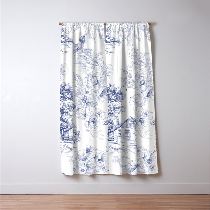 Toile de Jouy Vintage French Navy Blue White Pastoral Floral Pattern Window Curtain Gallery Image 3
