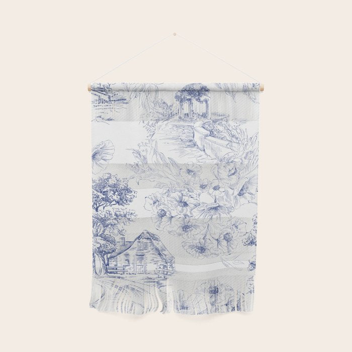 Toile de Jouy Vintage French Navy Blue White Pastoral Floral Pattern Wall Hanging Gallery Image 1