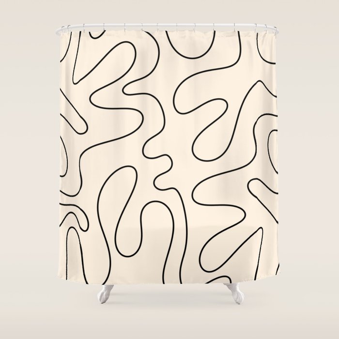 Squiggle Abstract Minimalist Modern Pattern in Black and Almond Cream Shower Curtain Gallery Image 1