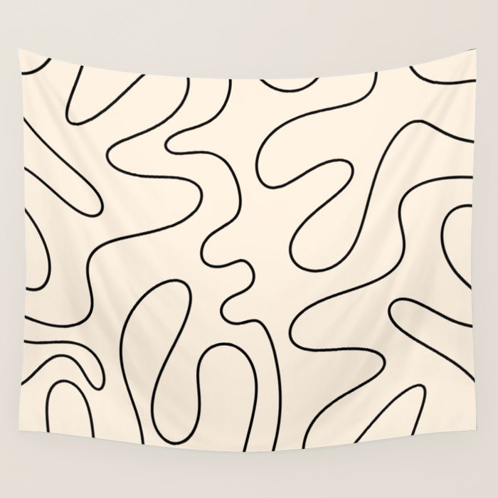 Squiggle Abstract Minimalist Modern Pattern in Black and Almond Cream Wall Tapestry Gallery Image 1