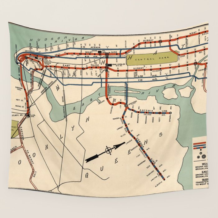 Vintage NYC Subway Map (1918) Wall Tapestry Gallery Image 1