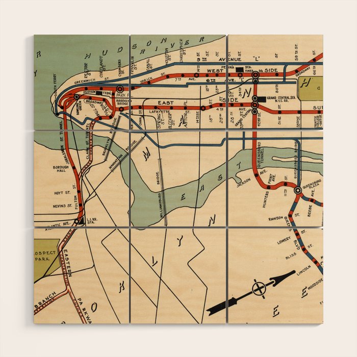 Vintage NYC Subway Map (1918) Wood Wall Art Gallery Image 1