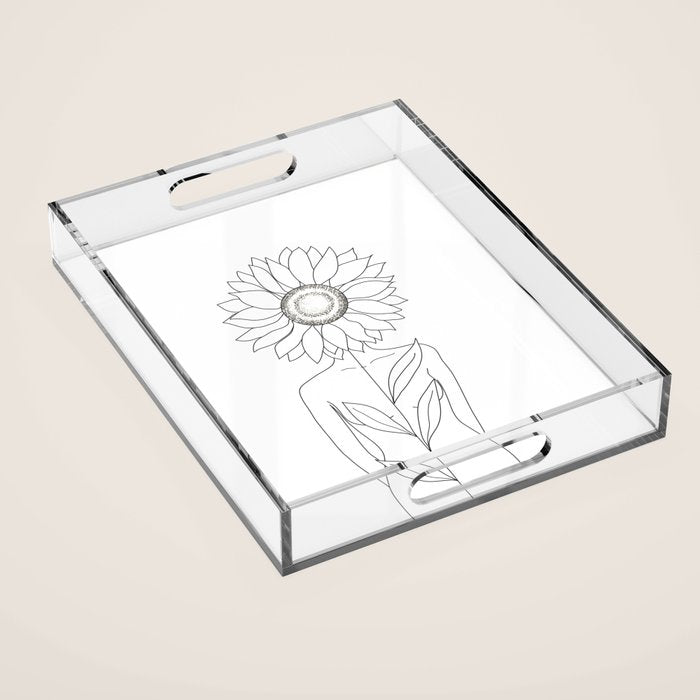 Minimalistic Line Art of Woman with Sunflower Acrylic Tray Gallery Image 1