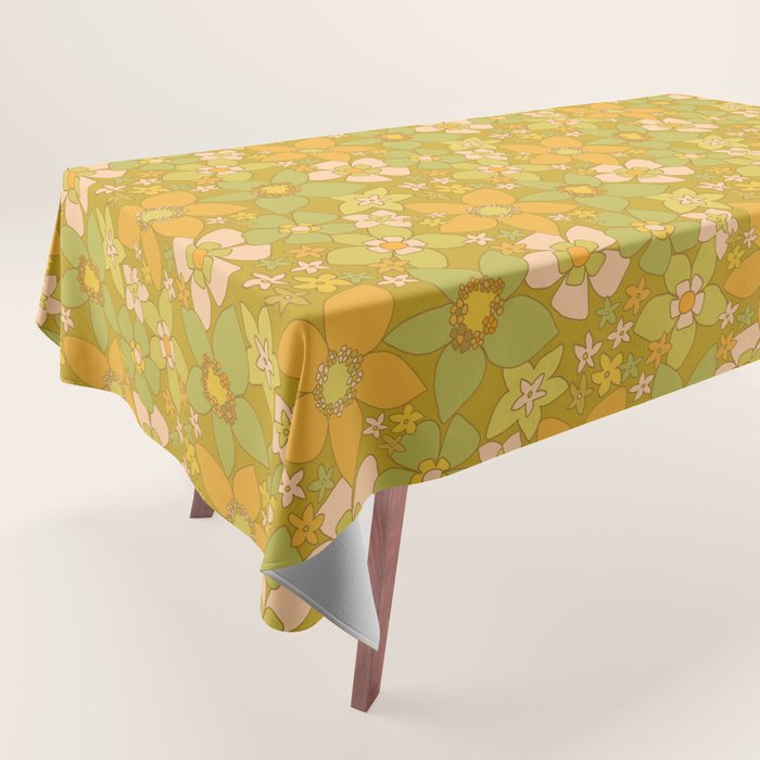 70s groovy retro floral pattern orange brown green handdrawn by surfy birdy  Tablecloth Gallery Image 1
