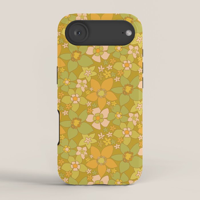 70s groovy retro floral pattern orange brown green handdrawn by surfy birdy  iPhone Case Gallery Image 2