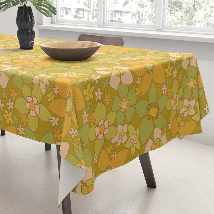 70s groovy retro floral pattern orange brown green handdrawn by surfy birdy  Tablecloth Gallery Image 3