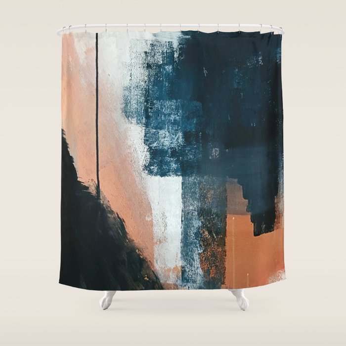 Vienna: a minimal, abstract mixed-media piece in pinks, blue, and white by Alyssa Hamilton Art Shower Curtain Gallery Image 1