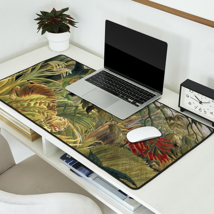 Henri Rousseau's Tiger in a Tropical Storm (1891) famous painting. Desk Mat Gallery Image 2