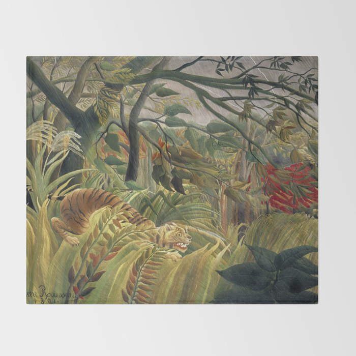 Henri Rousseau's Tiger in a Tropical Storm (1891) famous painting. Throw Blanket Gallery Image 2