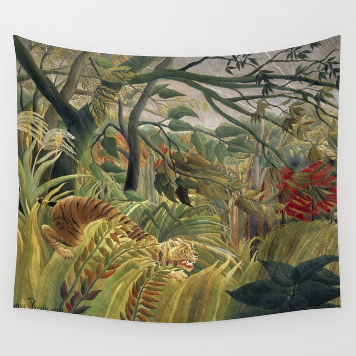 Henri Rousseau's Tiger in a Tropical Storm (1891) famous painting. Wall Tapestry Gallery Image 1
