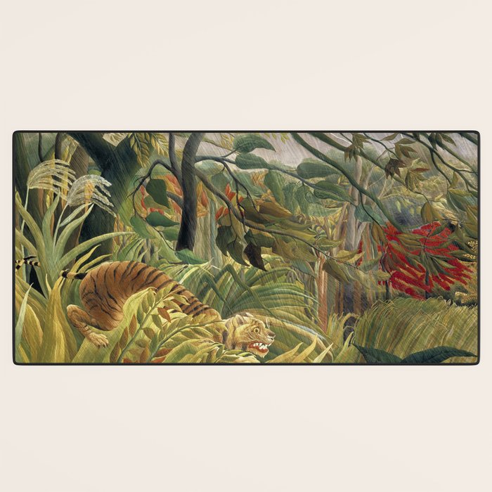 Henri Rousseau's Tiger in a Tropical Storm (1891) famous painting. Desk Mat Gallery Image 3