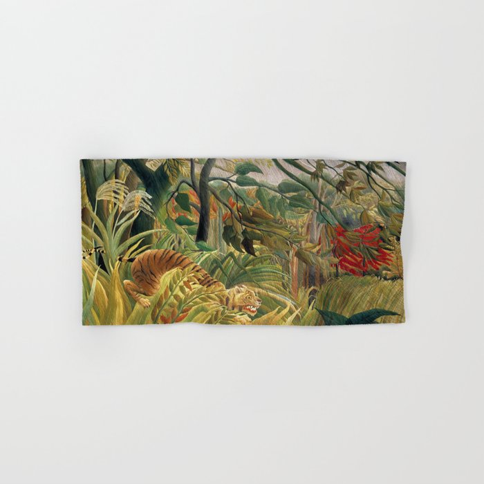 Henri Rousseau's Tiger in a Tropical Storm (1891) famous painting. Bath Towel Gallery Image 1