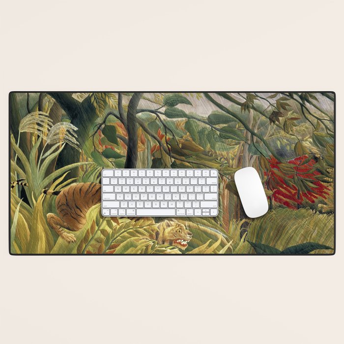 Henri Rousseau's Tiger in a Tropical Storm (1891) famous painting. Desk Mat Gallery Image 1