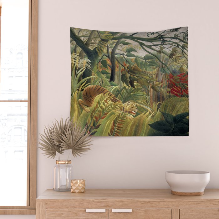 Henri Rousseau's Tiger in a Tropical Storm (1891) famous painting. Wall Tapestry Gallery Image 2