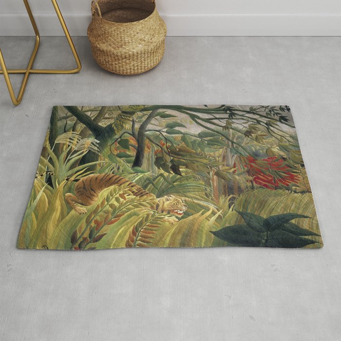 Henri Rousseau's Tiger in a Tropical Storm (1891) famous painting. Rug Gallery Image 1
