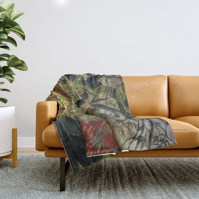 Henri Rousseau's Tiger in a Tropical Storm (1891) famous painting. Throw Blanket Gallery Image 1