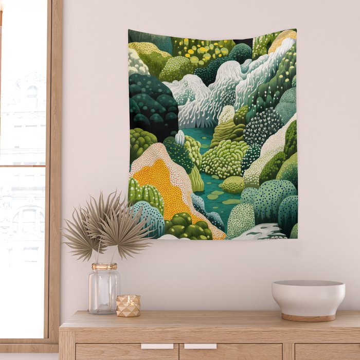 Japanese Painting Maximalist Art Outdoor Poster Sage Green Polkadot Pattern Botanical Wall Art Wall Tapestry Gallery Image 2