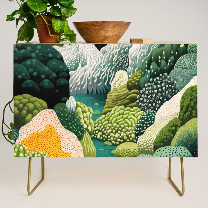 Japanese Painting Maximalist Art Outdoor Poster Sage Green Polkadot Pattern Botanical Wall Art Credenza Gallery Image 1