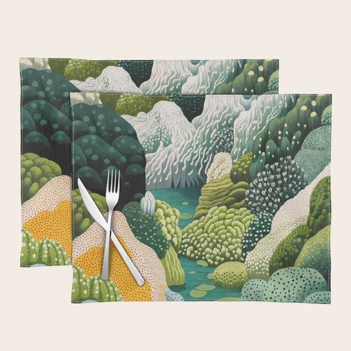 Japanese Painting Maximalist Art Outdoor Poster Sage Green Polkadot Pattern Botanical Wall Art Placemat Gallery Image 1