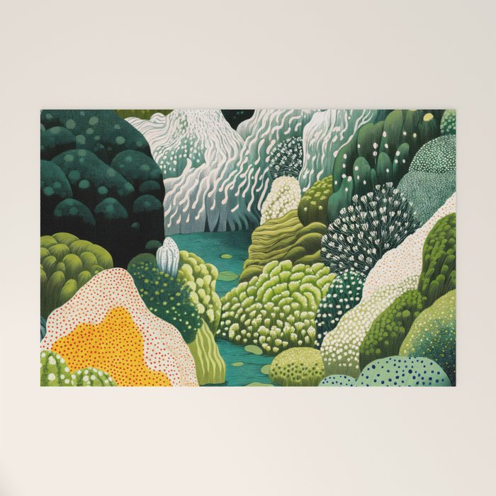 Japanese Painting Maximalist Art Outdoor Poster Sage Green Polkadot Pattern Botanical Wall Art Welcome Mat Gallery Image 1