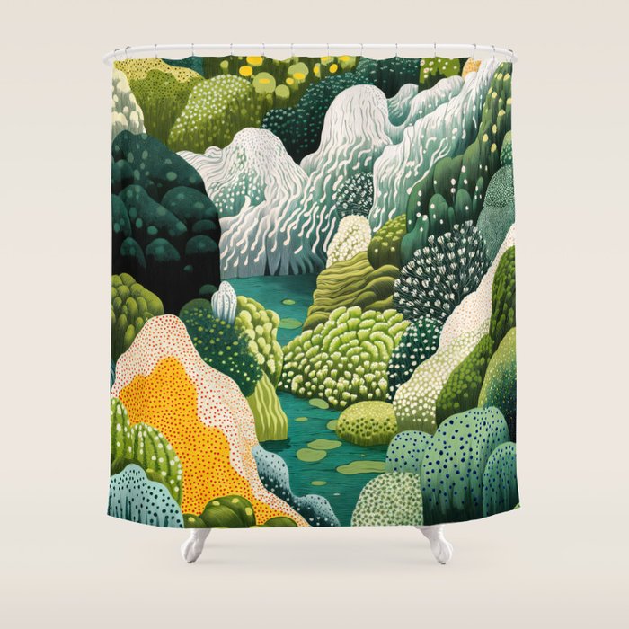 Japanese Painting Maximalist Art Outdoor Poster Sage Green Polkadot Pattern Botanical Wall Art Shower Curtain Gallery Image 1