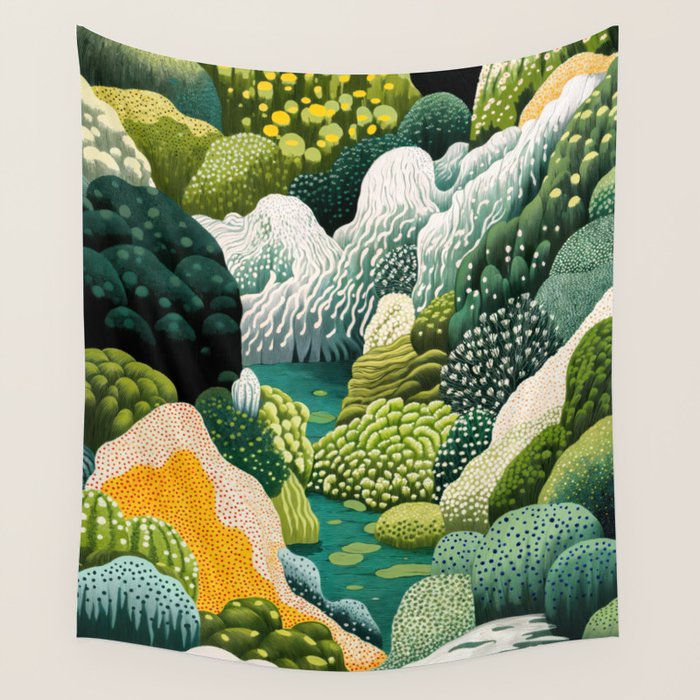 Japanese Painting Maximalist Art Outdoor Poster Sage Green Polkadot Pattern Botanical Wall Art Wall Tapestry Gallery Image 1