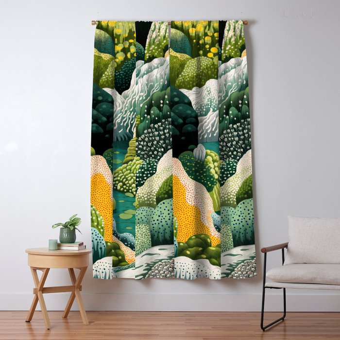 Japanese Painting Maximalist Art Outdoor Poster Sage Green Polkadot Pattern Botanical Wall Art Window Curtain Gallery Image 1