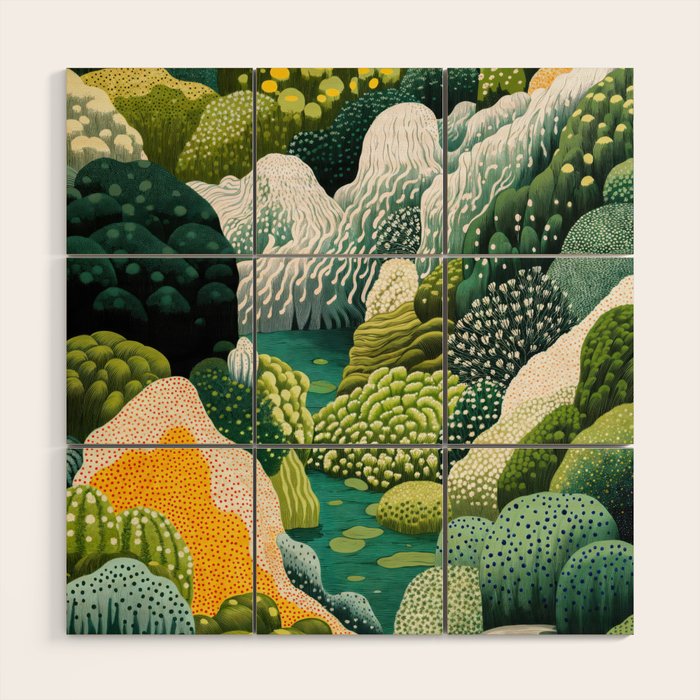 Japanese Painting Maximalist Art Outdoor Poster Sage Green Polkadot Pattern Botanical Wall Art Wood Wall Art Gallery Image 1