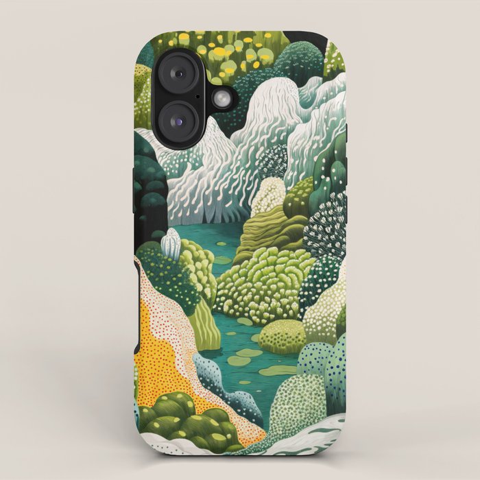 Japanese Painting Maximalist Art Outdoor Poster Sage Green Polkadot Pattern Botanical Wall Art iPhone Case Gallery Image 1