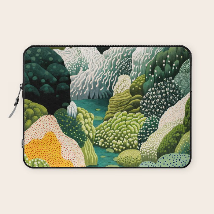 Japanese Painting Maximalist Art Outdoor Poster Sage Green Polkadot Pattern Botanical Wall Art Laptop Sleeve Gallery Image 1