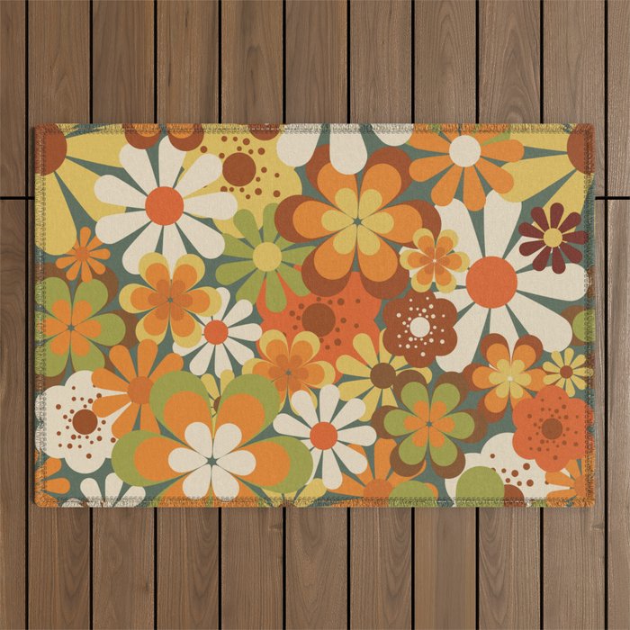 70's Retro Flowers Print Outdoor Rug Gallery Image 1