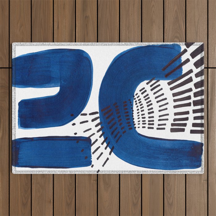 Abstract Expressionism Mid Century Modern Acrylic Painting Minimalist Art Navy Blue Black Line Patte Outdoor Rug Gallery Image 1
