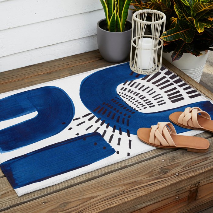 Abstract Expressionism Mid Century Modern Acrylic Painting Minimalist Art Navy Blue Black Line Patte Outdoor Rug Gallery Image 2