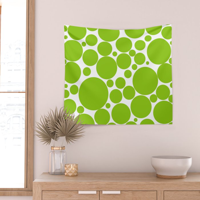 Bubbly Mod Dots Pattern Lime Green and White Wall Tapestry Gallery Image 2
