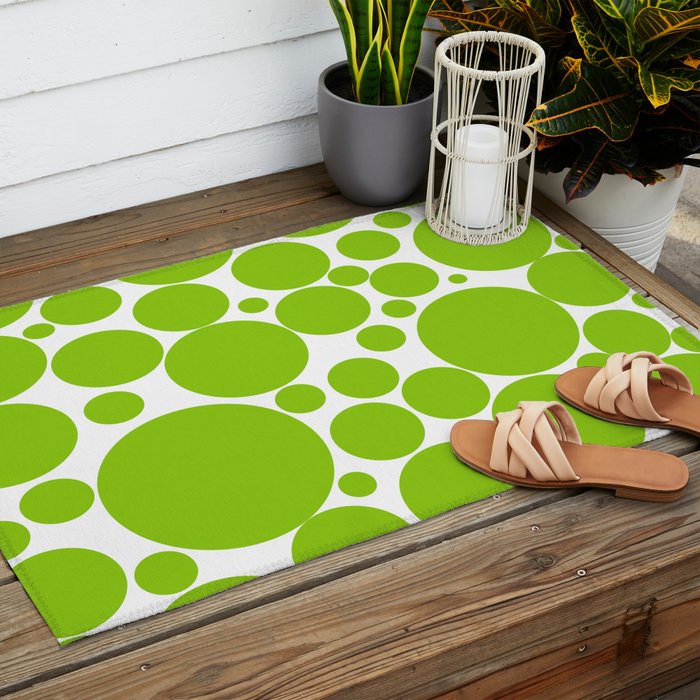 Bubbly Mod Dots Pattern Lime Green and White Outdoor Rug Gallery Image 2
