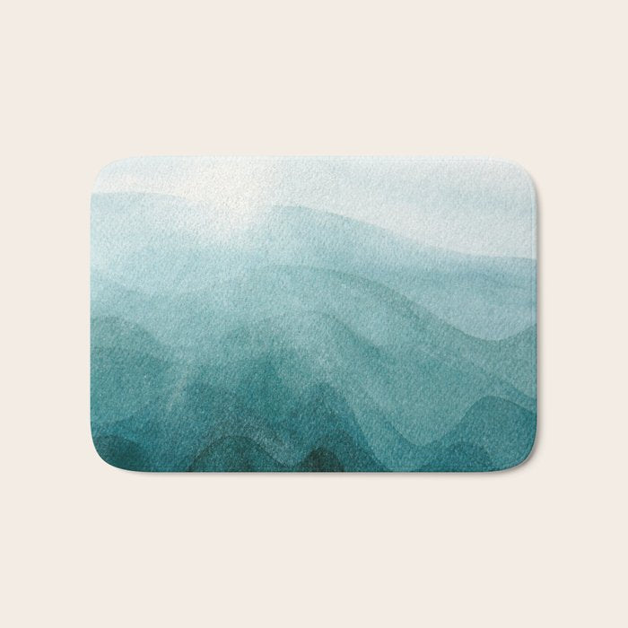 Sunrise in the mountains, dawn, teal, abstract watercolor Bath Mat Gallery Image 1