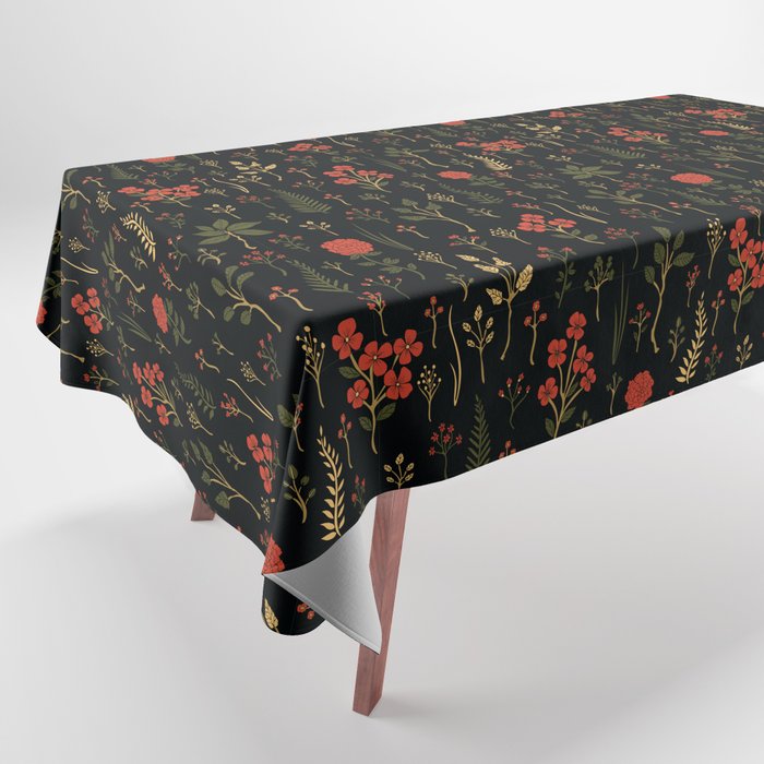 Green, Red-Orange, and Black Floral/Botanical Print Tablecloth Gallery Image 1