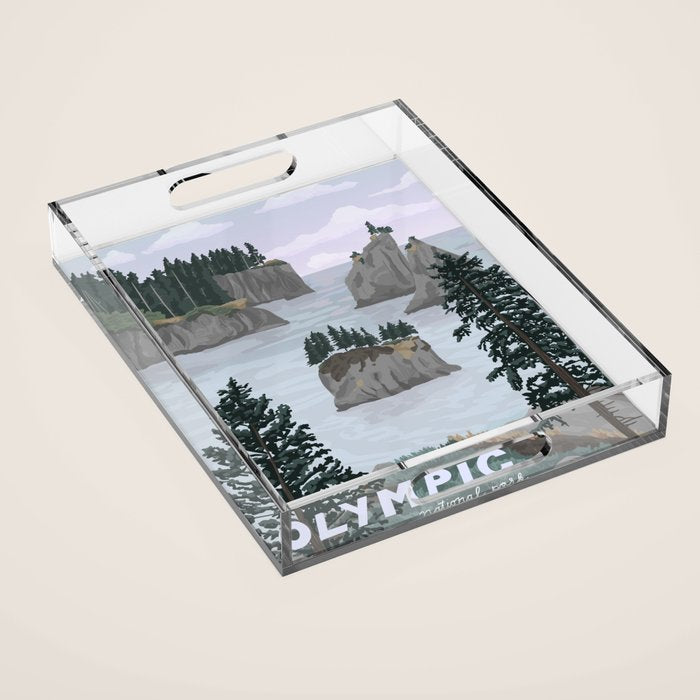 Olympic National Park Poster, Washington, illustrated National Parks USA Acrylic Tray Gallery Image 1