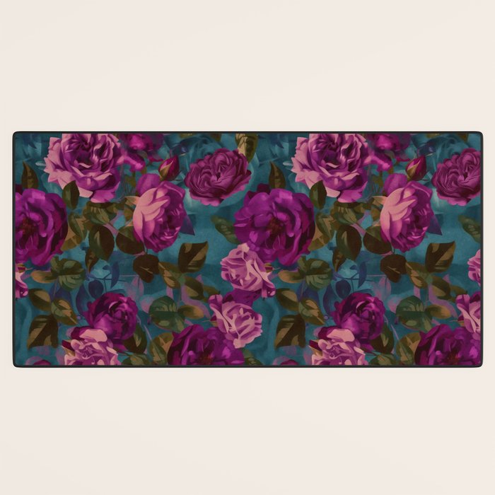 Regency Vibe Velveteen Moody  Flowers Fuchsia Pink Burgundy And Turquoise Desk Mat Gallery Image 3