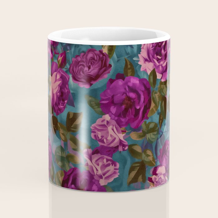 Regency Vibe Velveteen Moody  Flowers Fuchsia Pink Burgundy And Turquoise Coffee Mug Gallery Image 4