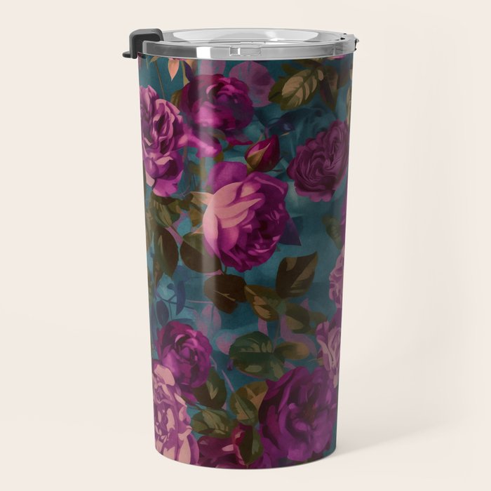 Regency Vibe Velveteen Moody  Flowers Fuchsia Pink Burgundy And Turquoise Travel Mug Gallery Image 3