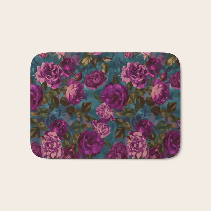 Regency Vibe Velveteen Moody  Flowers Fuchsia Pink Burgundy And Turquoise Bath Mat Gallery Image 1